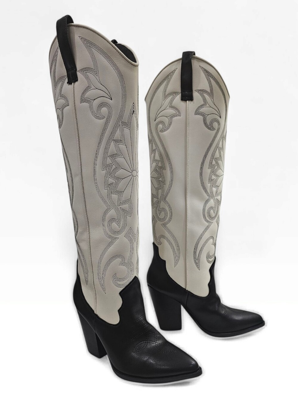 STEVE MADDEN Lasso Two Tone Black Bone Leather Tall Western Pointed Toe Boots 6M